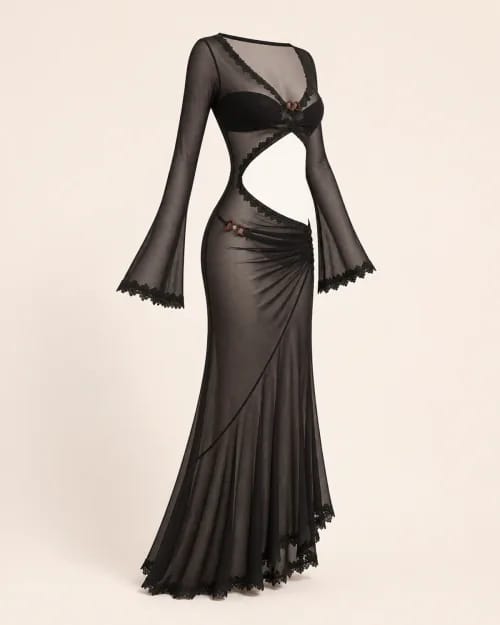 Vestido negro transparente sin modelo visto en tres cuartos