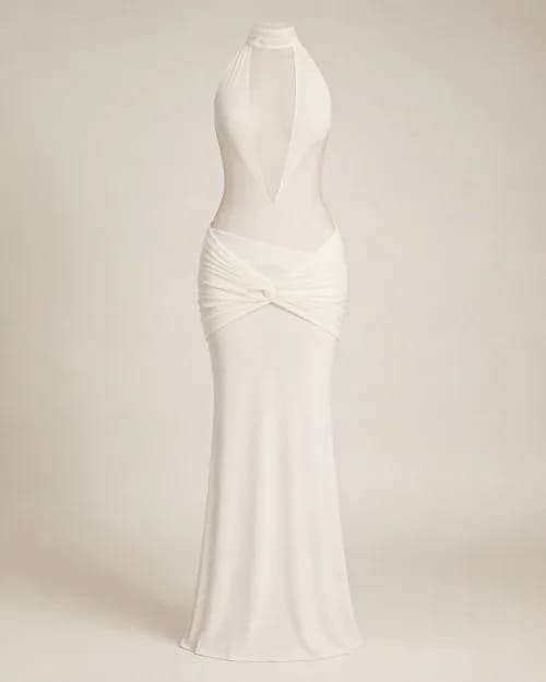 Vestido marfil halter sin modelo visto de frente