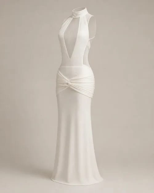 Vestido marfil halter sin modelo visto en tres cuartos