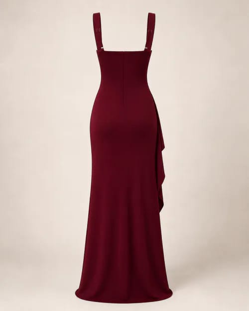 Vestido vino tinto drapeado sin modelo visto de espalda