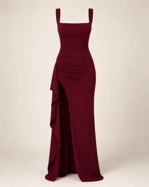 Vestido vino tinto drapeado sin modelo visto de frente